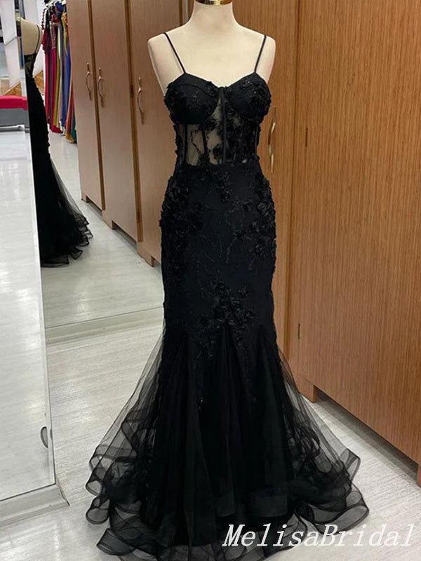 Black Lace 3D Flower Appliques Spaghetti Straps Mermaid Long Prom Dresses to Impress ,MB917