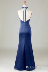 Blue Halter Plunging Mermaid Open Back Evening Gown Long Evening Party Prom Dresses,MB846