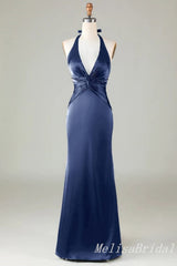 Blue Halter Plunging Mermaid Open Back Evening Gown Long Evening Party Prom Dresses,MB846