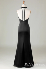 Black Halter Plunging Mermaid Open Back Evening Gown Long Evening Party Prom Dresses,MB847