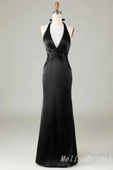 Black Halter Plunging Mermaid Open Back Evening Gown Long Evening Party Prom Dresses,MB847