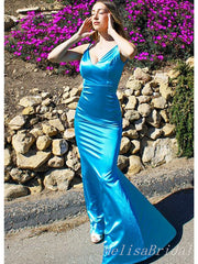 Elegant Blue V Neck Spaghetti Strap Mermaid Evening Long Prom Dresses,MB57