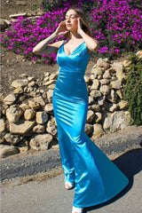 Elegant Blue V Neck Spaghetti Strap Mermaid Evening Long Prom Dresses,MB57