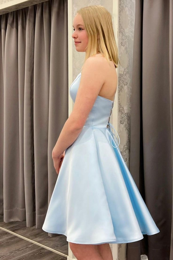 Elegant Light Blue Soft SAtin A-Line Cheap Simple Short Homecoming Dresses, HD109