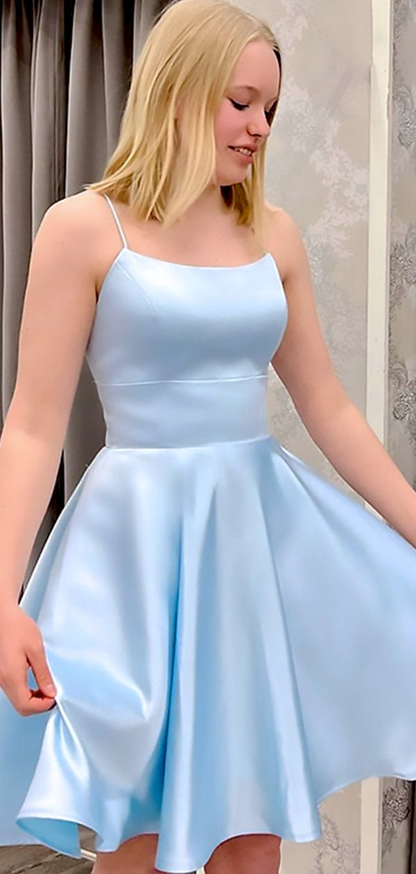 Elegant Light Blue Soft SAtin A-Line Cheap Simple Short Homecoming Dresses, HD109