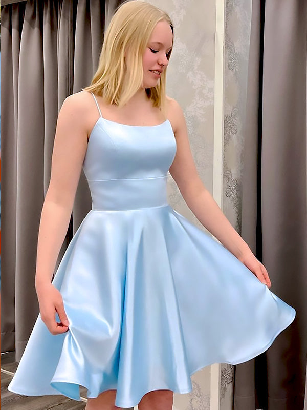 Elegant Light Blue Soft SAtin A-Line Cheap Simple Short Homecoming Dresses, HD109