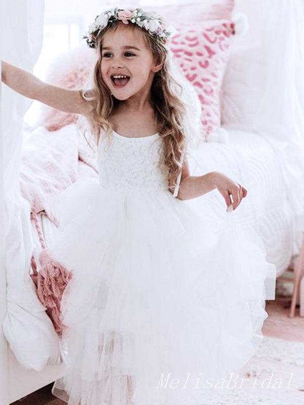 Cute White Tulle Spaghetti Straps A- Line Lace Ruffle Cheap Flower Girl Dresses ,FG15