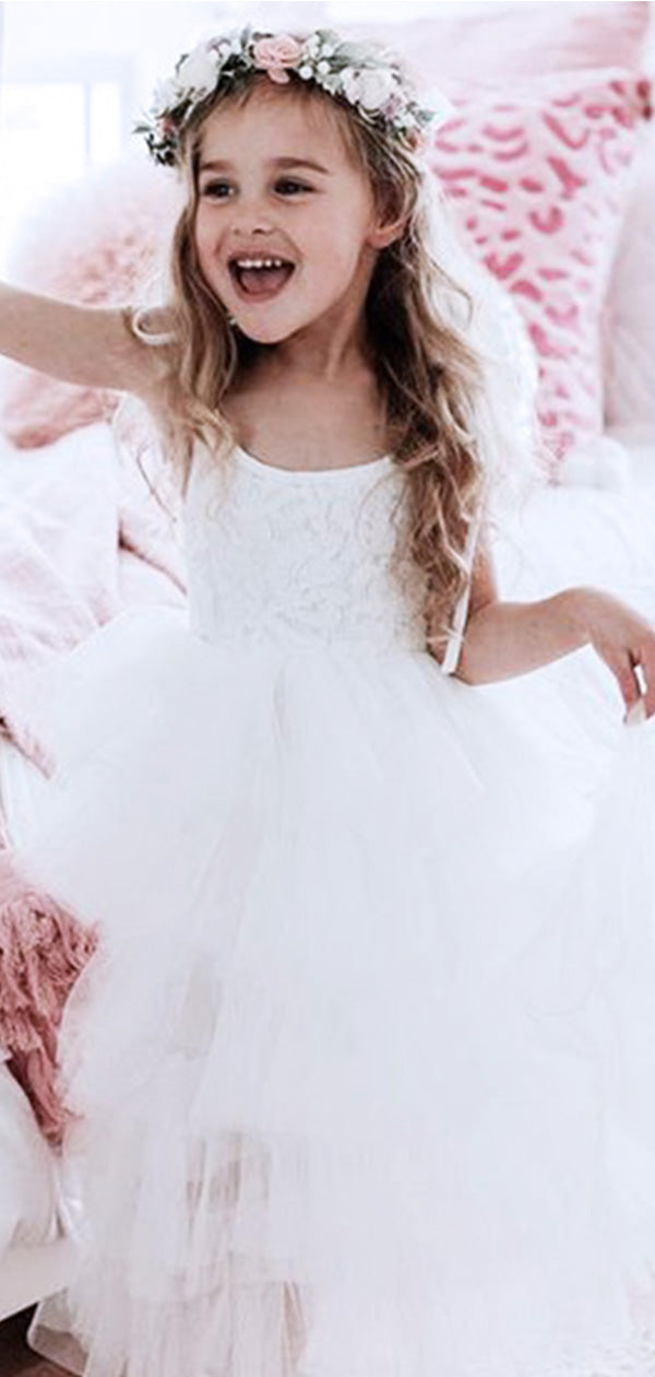 Cute White Tulle Spaghetti Straps A- Line Lace Ruffle Cheap Flower Girl Dresses ,FG15