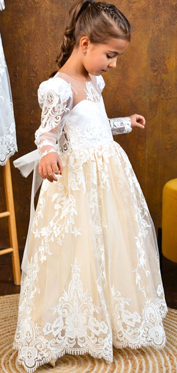 Elegant Light Yellow Tulle Lace Appliques A-Line Cheap Simple Long Flower Girl Dresses,FG51
