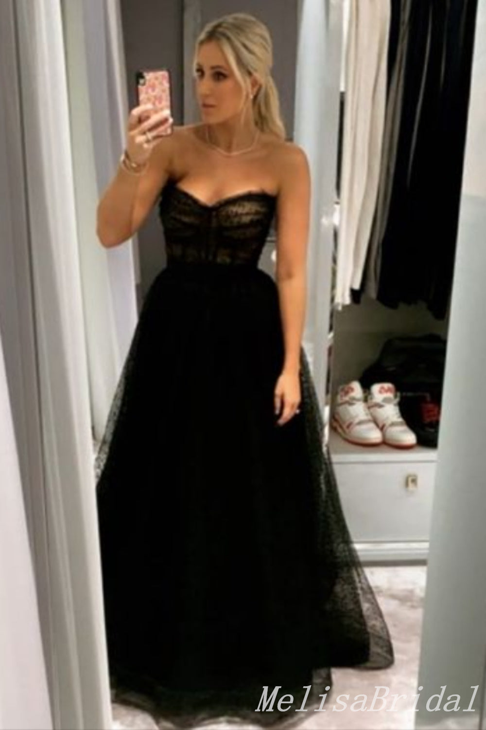 Black Strapless A-line Evening Gown Long Evening Party Prom Dresses,MB855