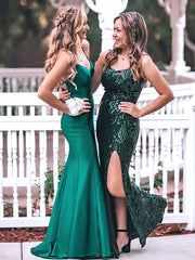 Elegant Green Spaghetti Strap Side Slit Sequin Mermaid Evening Long Prom Dresses,MB64