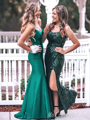 Elegant Green Spaghetti Strap Side Slit Sequin Mermaid Evening Long Prom Dresses,MB64