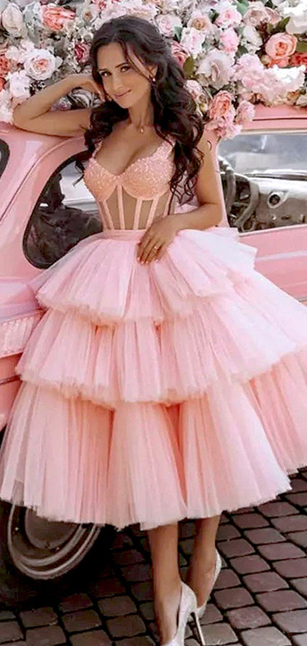 Elegant Pink Sequin Tulle Ruffle A Line Short Homecoming Dresses, HD36