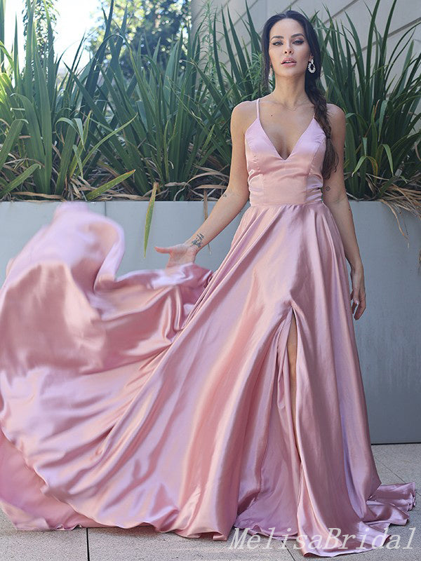Blush A-Line V-Neck Spaghetti Straps Lace Up Back Evening Gown Maxi Long Evening Party Prom Dresses  ,MB605