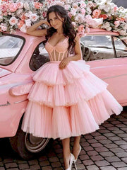 Elegant Pink Sequin Tulle Ruffle A Line Short Homecoming Dresses, HD36