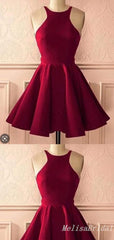 Burgundy O-Neck Sleeveless A-Line Graduation Party Short Homecoming Dresses With Pleats, HD404