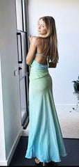 Elegant Light Blue And agreen Spaghetti Strap Side Slit Lace Up Back Evening Prom Dresses,MB76
