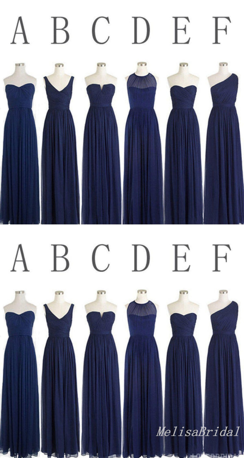 Blue Mismatched Sheath Chiffon Long Bridesmaid Dresses ,BD240