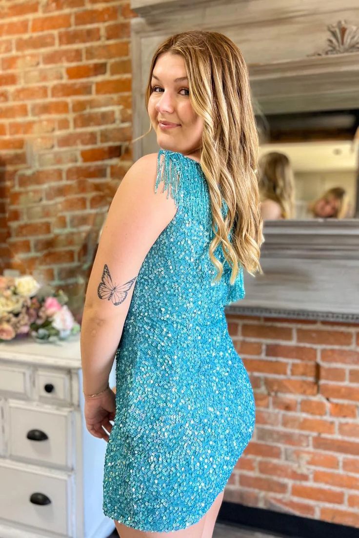 Elegant Light Blue One Shoulder Sequin Cheap Simple Short Homecoming Dresses, HD91