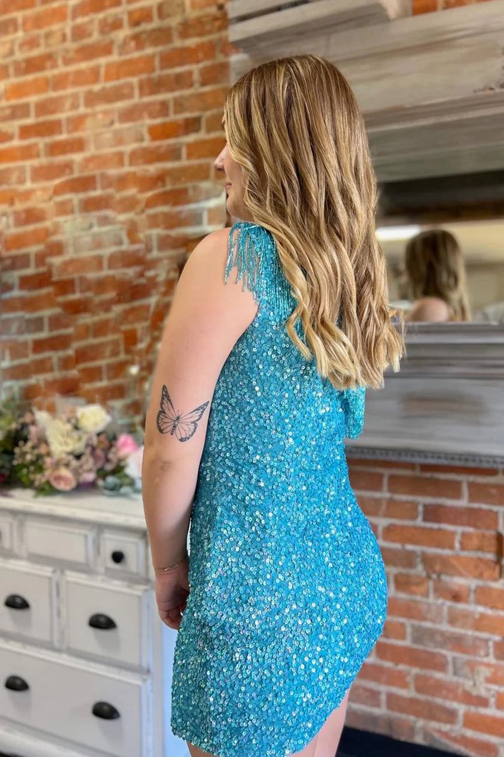 Elegant Light Blue One Shoulder Sequin Cheap Simple Short Homecoming Dresses, HD91
