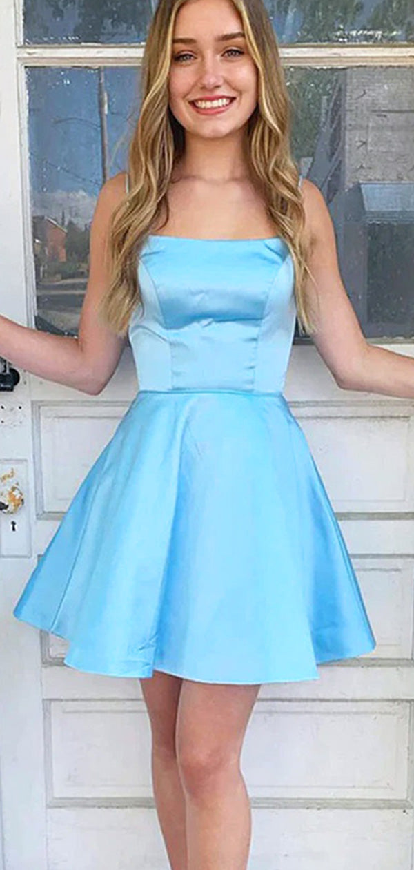 Elegant Blue Spaghetti Straps Cheap Simple Short Homecoming Dresses, HD37
