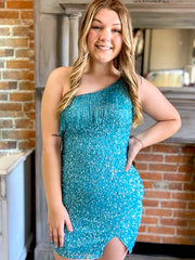 Elegant Light Blue One Shoulder Sequin Cheap Simple Short Homecoming Dresses, HD91