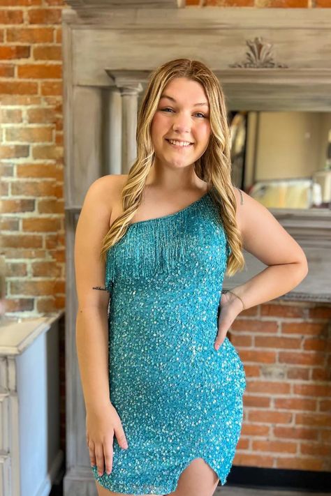 Elegant Light Blue One Shoulder Sequin Cheap Simple Short Homecoming Dresses, HD91