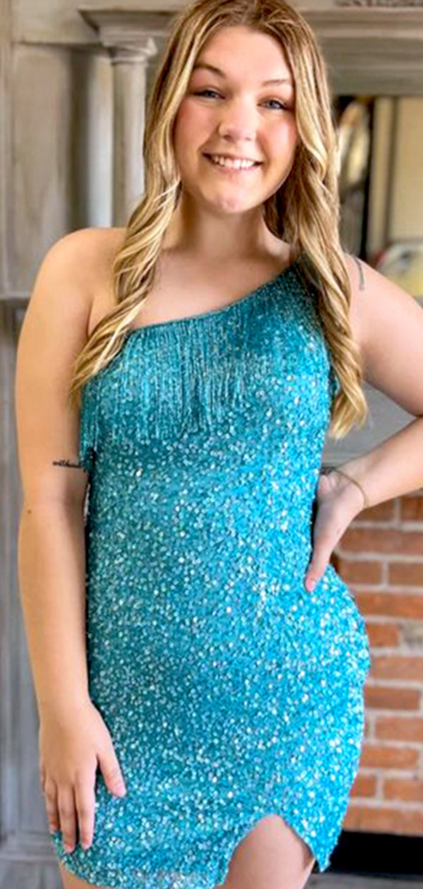 Elegant Light Blue One Shoulder Sequin Cheap Simple Short Homecoming Dresses, HD91