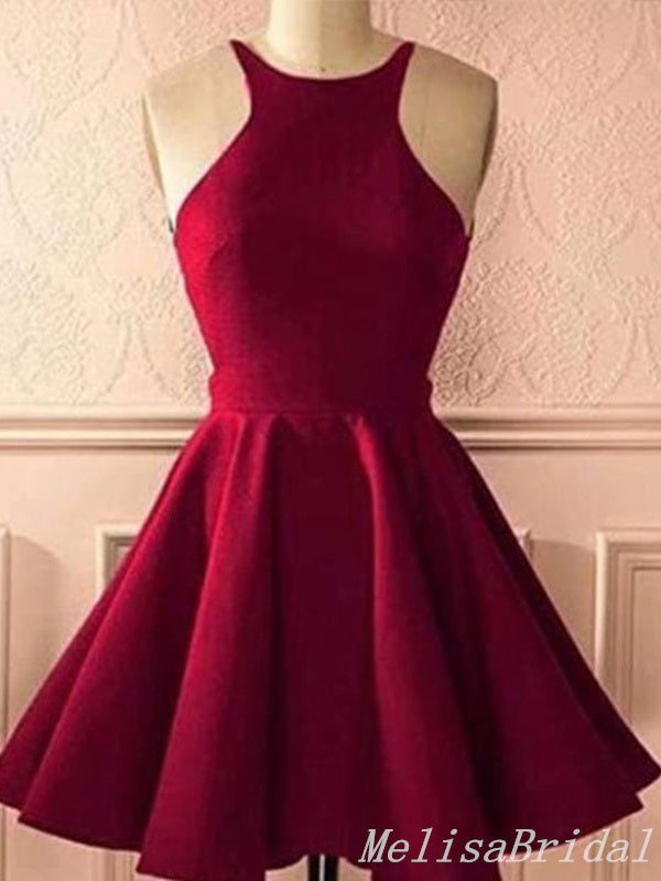 Burgundy O-Neck Sleeveless A-Line Graduation Party Short Homecoming Dresses With Pleats, HD404