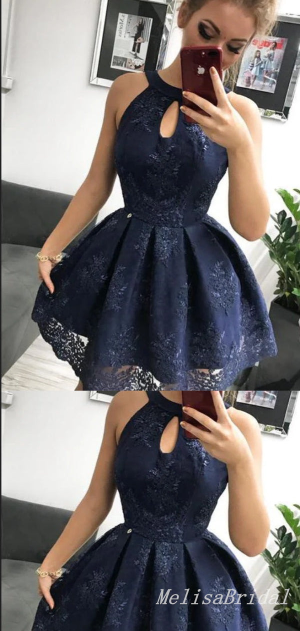 Elegant Halter Lace Appliques Ball Gown Short Homecoming Dresses, HD265