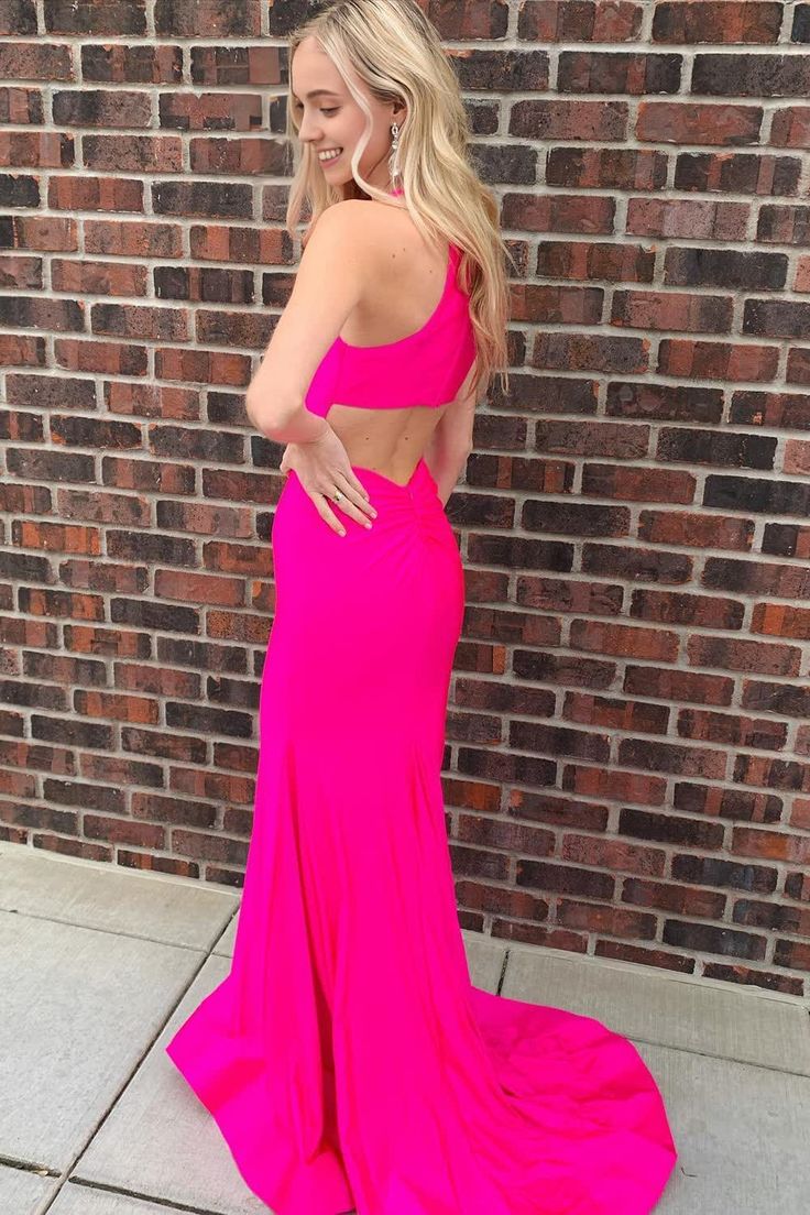 Elegant Halter Bright Pink Strapless Mermaid Evening Prom Dresses,MB80