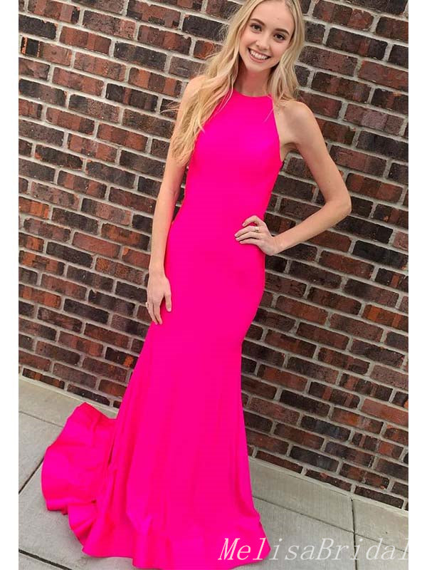 Elegant Halter Bright Pink Strapless Mermaid Evening Prom Dresses,MB80