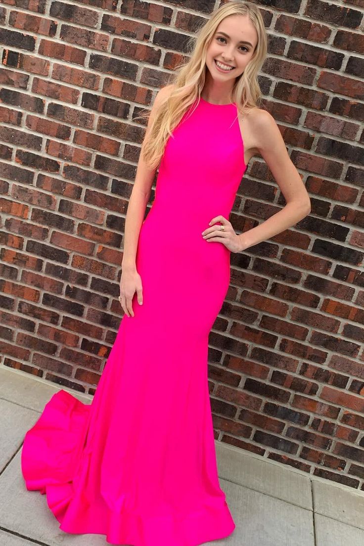Elegant Halter Bright Pink Strapless Mermaid Evening Prom Dresses,MB80
