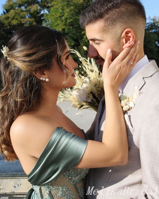 Charming Off-the-shoulder Green Sweetheart Mermaid Evening Gown Long Formal Dresses Prom Dresses with High Slit,MB372