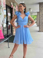 Elegant Blue Chiffon Pleats V Neck A-Line Cheap Simple Short Homecoming Dresses, HD72