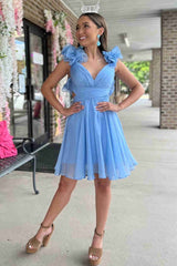 Elegant Blue Chiffon Pleats V Neck A-Line Cheap Simple Short Homecoming Dresses, HD72