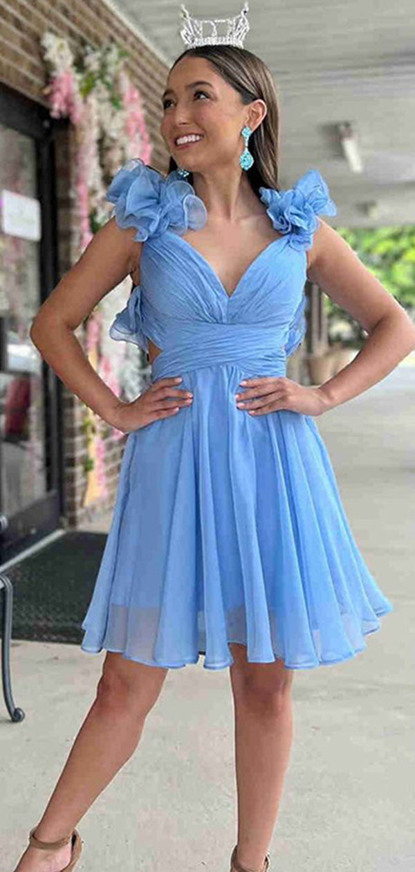 Elegant Blue Chiffon Pleats V Neck A-Line Cheap Simple Short Homecoming Dresses, HD72