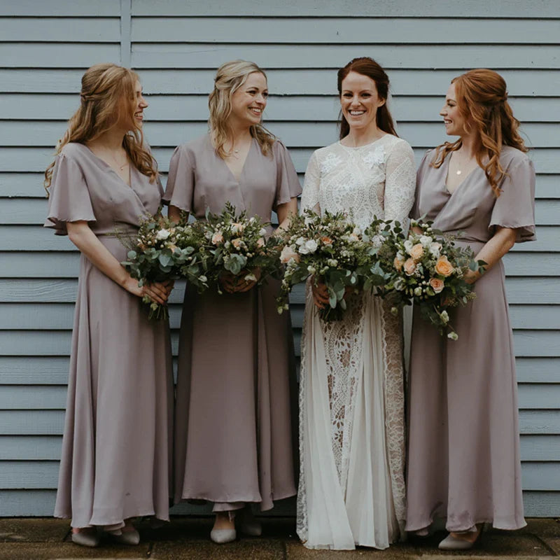 Charming V-Neck Short Sleeve Grey Chiffon Long Cheap Bridesmaid Dresses,BD20