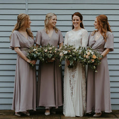 Charming V-Neck Short Sleeve Grey Chiffon Long Cheap Bridesmaid Dresses,BD20