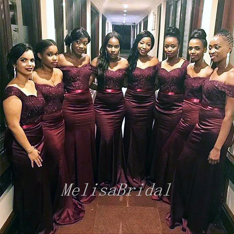Dark Red Off Shoulder Maxi Long Bridesmaid  Mermaid Dresses ,BD05