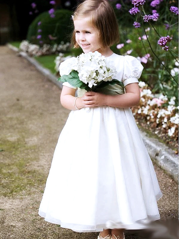 Cute Round Neck Short Sleeves Organza A-Line Long Cheap Flower Girl Dresses,FG06