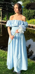 Cute Blue Off-shoulder Long Formal Dress to Impress,MB11031