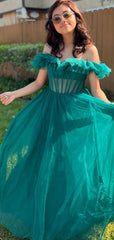 Elegant Green Off-shoulder A-line Long Formal Dress to Impress,MB11053