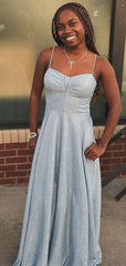Elegant Gray A-line Spaghetti Strap Long Prom Dress to Impress  ,MB11005