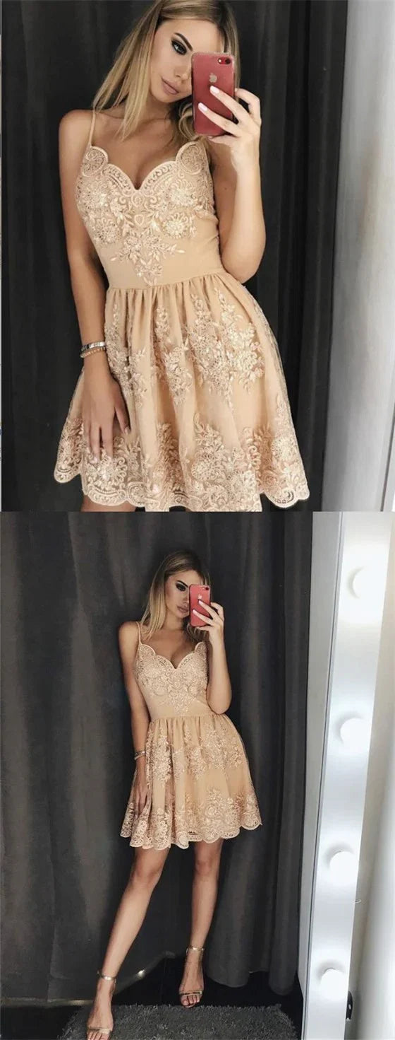 A-Line Spaghetti Straps Homecoming Dresses With Appliques Beading,HD02
