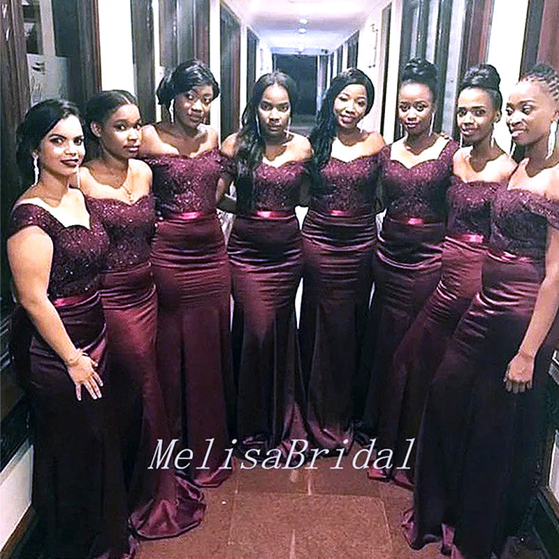 Dark Red Off Shoulder Maxi Long Bridesmaid  Mermaid Dresses ,BD05