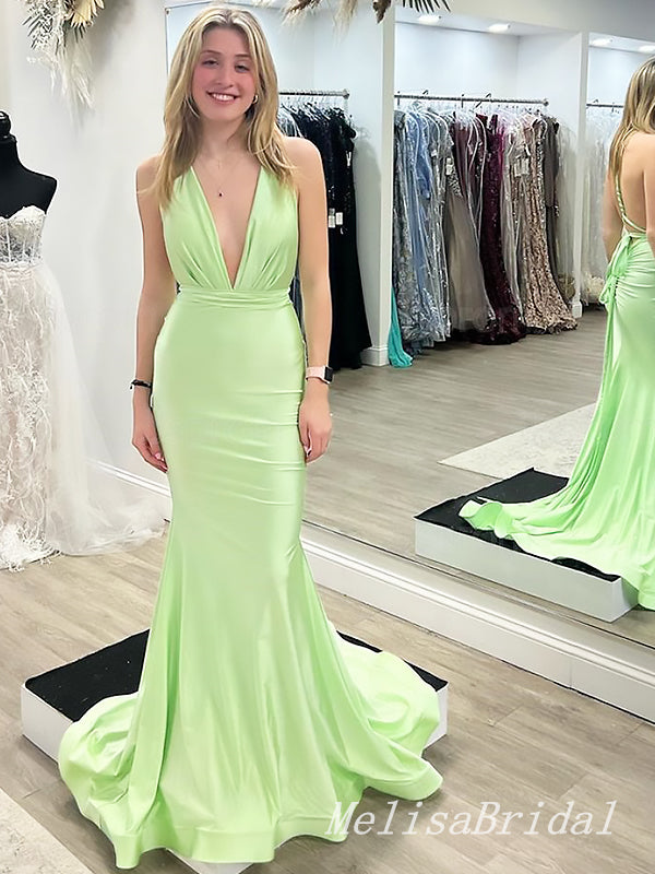 Elegant Light Green V Neck Long Simple Cheap Evening Gown Prom Dresses,MB167